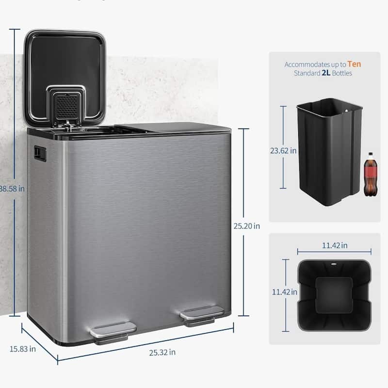 2 x 10.6 Gal Double Trash Can, Stainless Steel Dual Compartment Step-On Trash Can for Kitchen