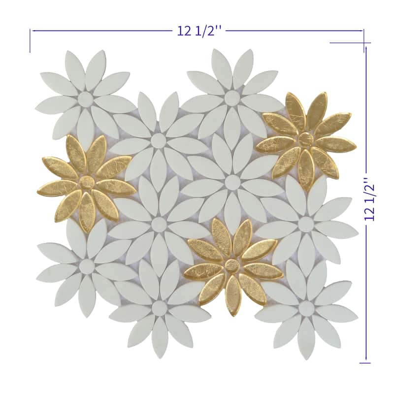 Thassos White Marble And Gold Glass Daisy Wall Mosaic Tiles - Case (10 Sheets)