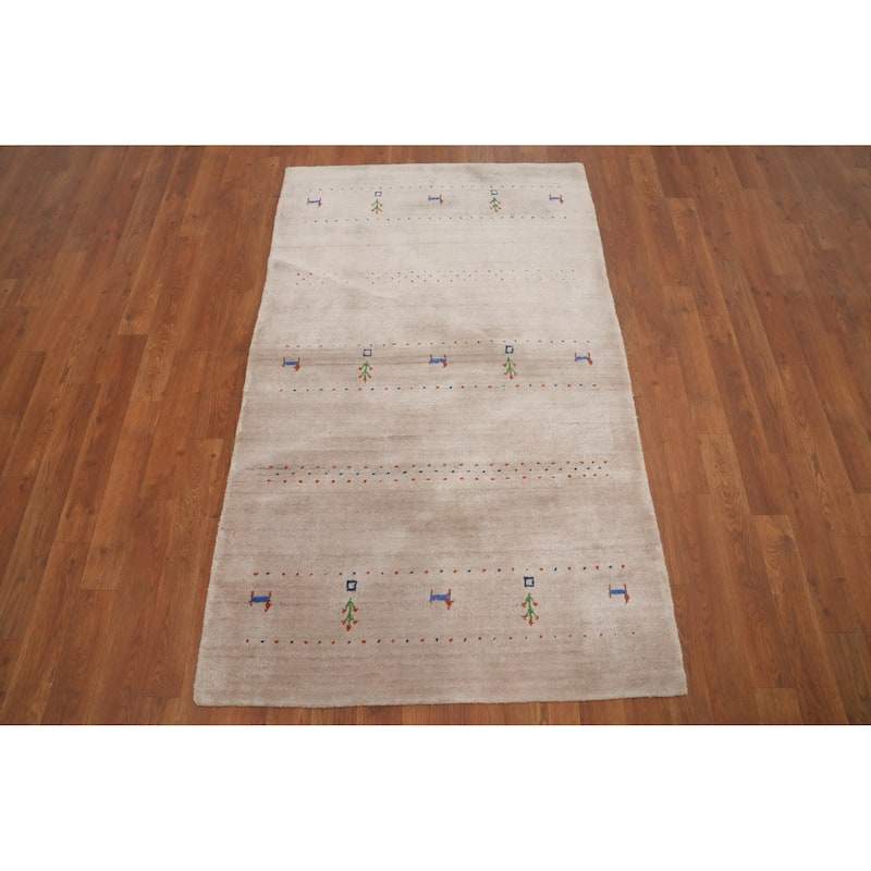 Hand Knotted Oriental 100% Wool Carpet Tribal Animal Pictorial Beige & Ivories Gabbeh Area Rug - 4' 11'' X 3' 0''