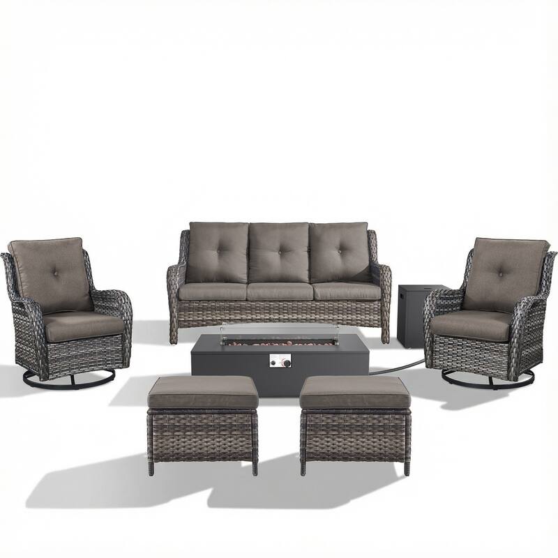 Pocassy Outdoor 7 Pieces Sofa Swivel Chair Ottoman with Fire Table