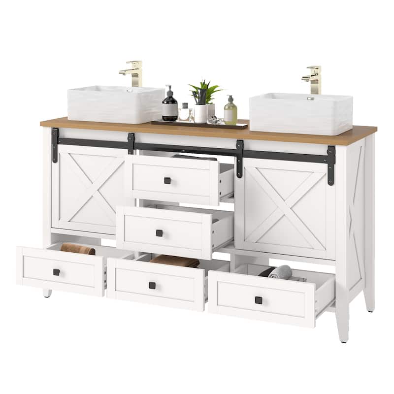 Moasis 60" Farmhouse Double Sink Bathroom Vanity Cabinet with Ceramic Sink Basin and Sliding-Door Cabinet & 5 Drawers