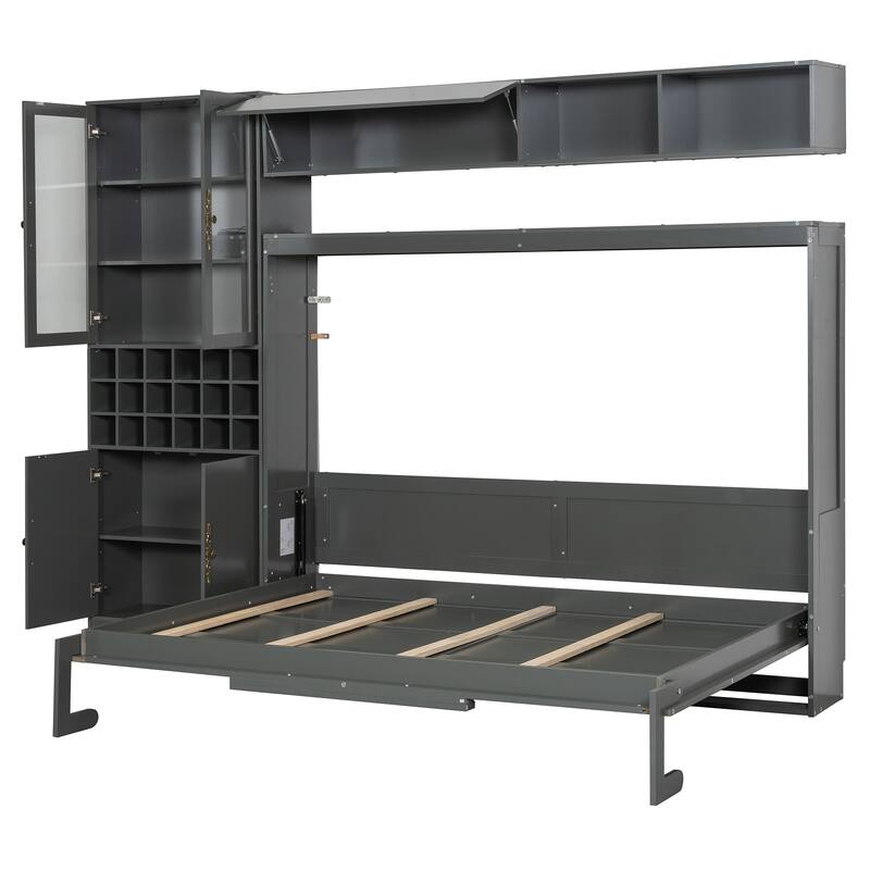 Space-Saving Full Size Murphy Bed with Sofa, Shelves, USB & Light in Gray