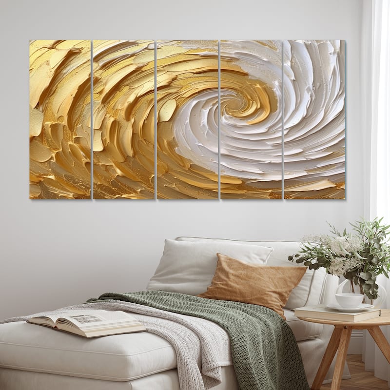 Designart "Gold and Cream Enchanted Whirls I" Abstract Spirals Metal Wall Art Set - 60 In. Wide X 28 In. High - 5 Panels Equal Panels