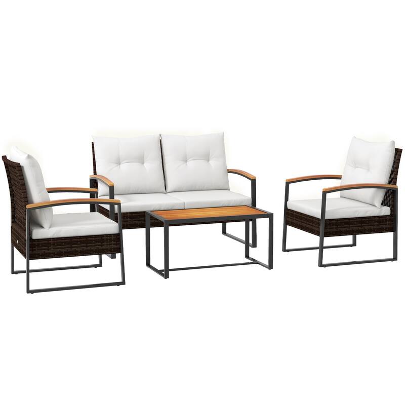 Outsunny 4 Piece Patio Furniture Set with Rattan Sofa Chair, Wood Table, Cushions, Outdoor Conversation Set for Backyard, Lawn