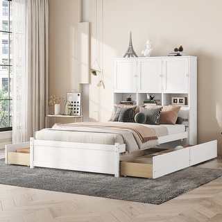 Cottage Style Full Size Platform Bed with 4 Drawers Under-Bed,Headboard with Multiple Storage Shelves