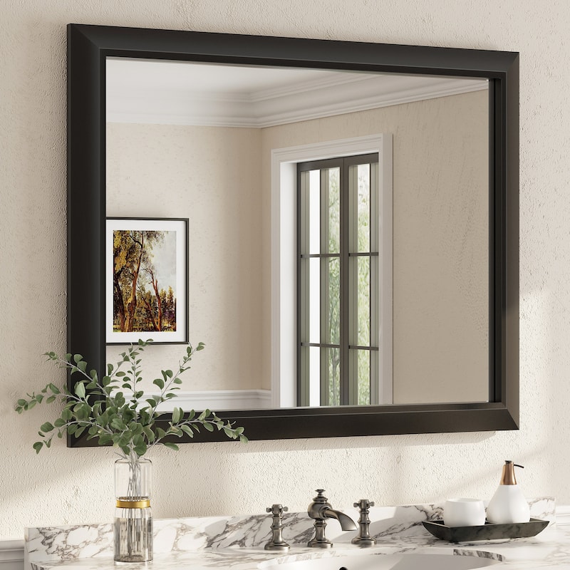 Beveled Metal Rectangle Framed Bathroom Vanity Tempered Glass Mirrors - 40" x 32" - Black