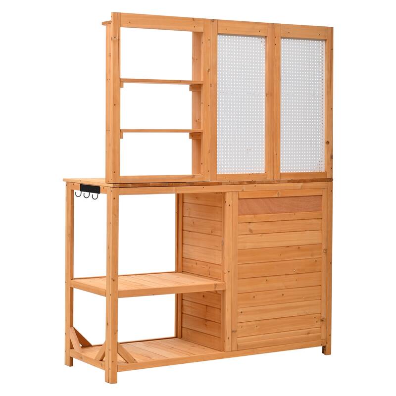 Fir Wood Potting Bench with Hutch, Garden Workstation for Planting, 4 Shelves & Adjustable Storage, Pegboard with Hooks