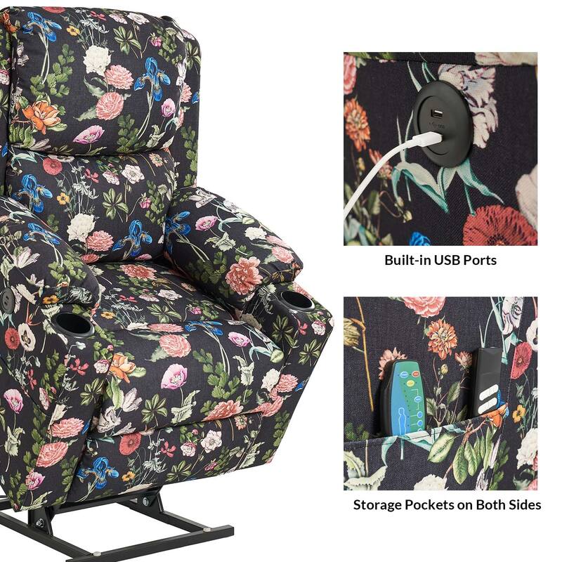 Larry Traditional Floral Dual Motor Heated Lift Assist Power Recliner with Massage Set of 2 by HULALA HOME