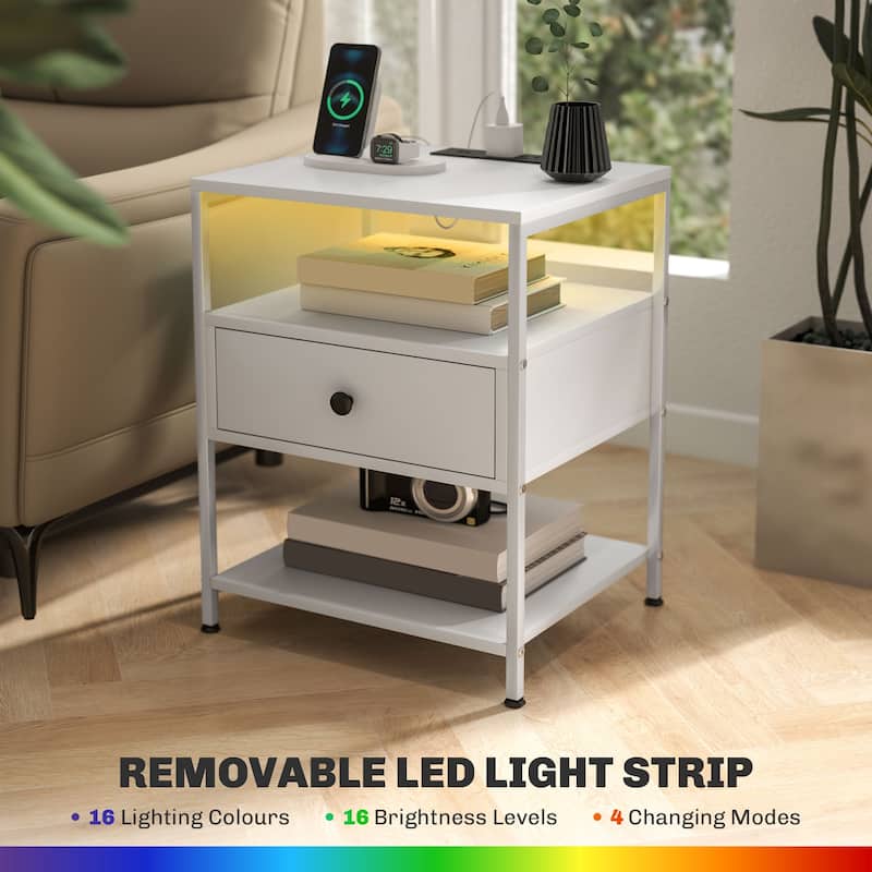 Set of 2 White End Tables with Drawer and 3-Tier Shelf USB Charging Ports and AC Outlets - 17.3" L x 15" W x 22.8" H