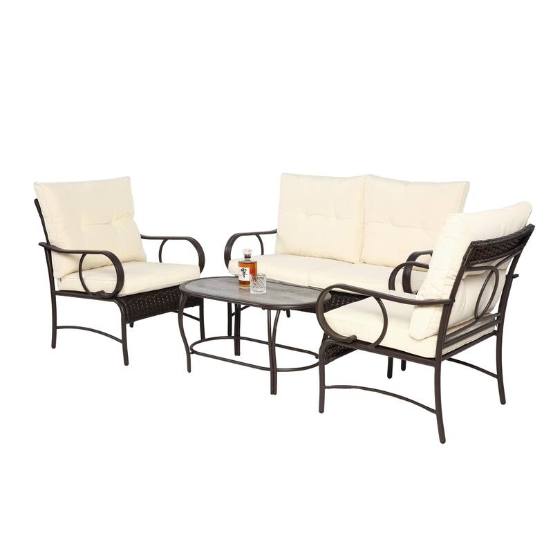 Classic Patio Sofa Wicker Conversation Set Rattan Sofa Chair wTable