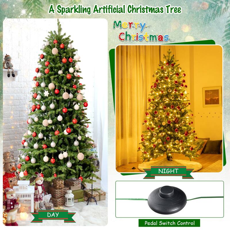 Gymax 6/7/8 ft Pre-Lit Christmas Tree Artificial Hinged Xmas Tree w/