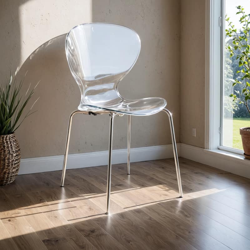 Oyster Modern Ergonomic Transparent Stackable Dining Side Chair with Chrome Steel Legs, Rounded Seat Edge for Indoor Outdoor Use