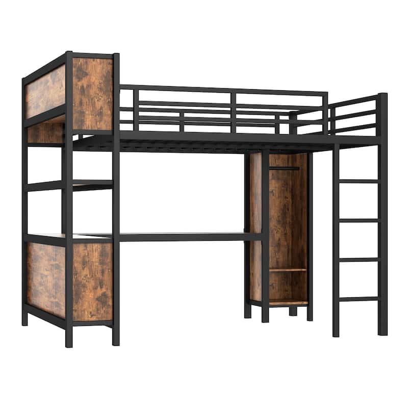 Queen Size Metal Loft Bed with Wardrobe, L-shaped Desk, and Storage Shelves