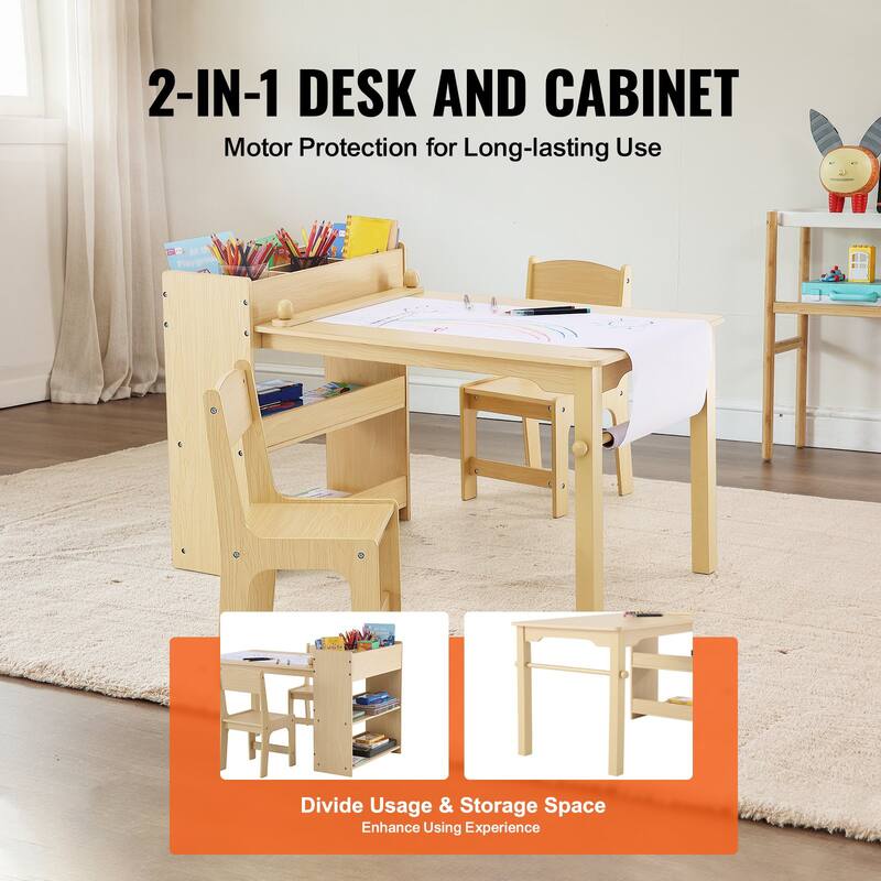 2-in-1 Wooden Toddler Craft and Play Activity Table Set Including 2 Chairs with Cabinet - 31.3x21.85x21.26 inch