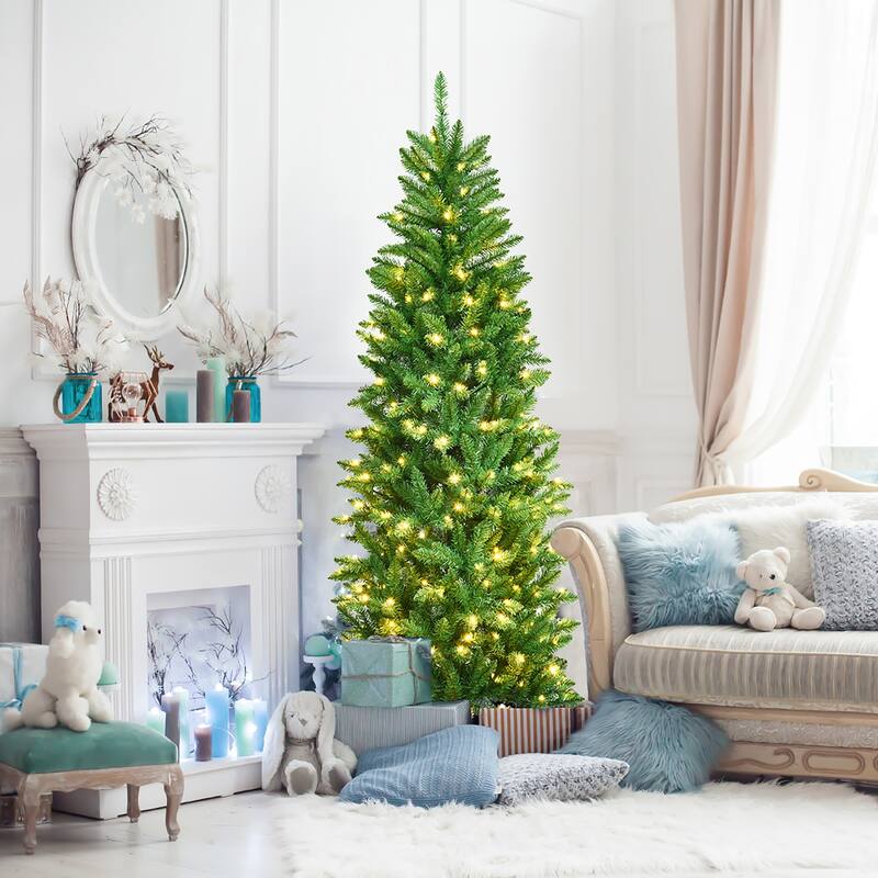 Costway 5/6/7 Ft Pre-lit Artificial Pencil Christmas Tree Hinged Fir