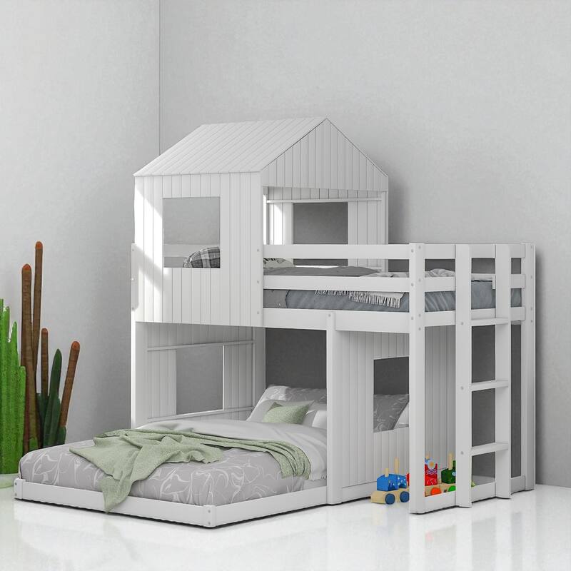 Wooden Twin Over Full Bunk Bed with Playhouse Design, Farmhouse Loft Bed with Ladder and Guardrails