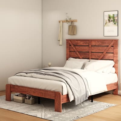 Wood Platform Bed Frame with Wood Headboard and Charging Station