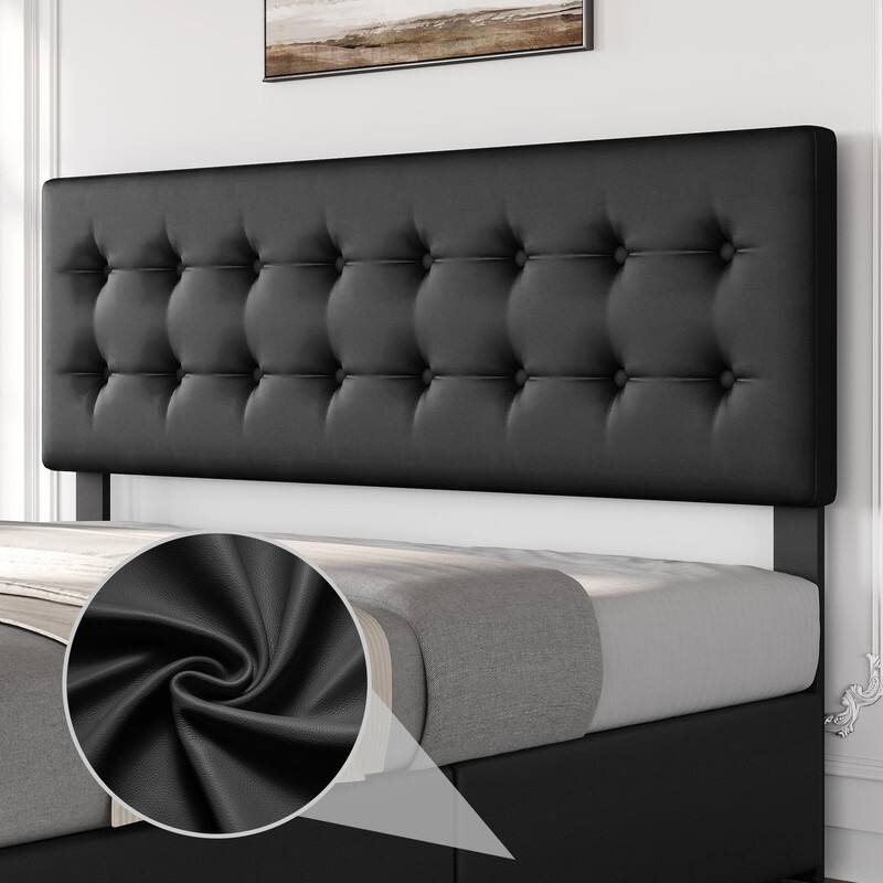Upholstered Bed with 4 Drawers and Adjustable Button-Tufted Linen Headboard