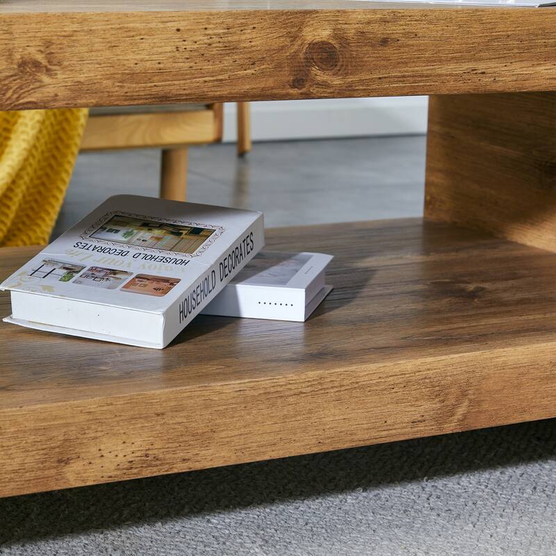 Mid-century Minimalist Rectangular Wooden Coffee Table with Shelf