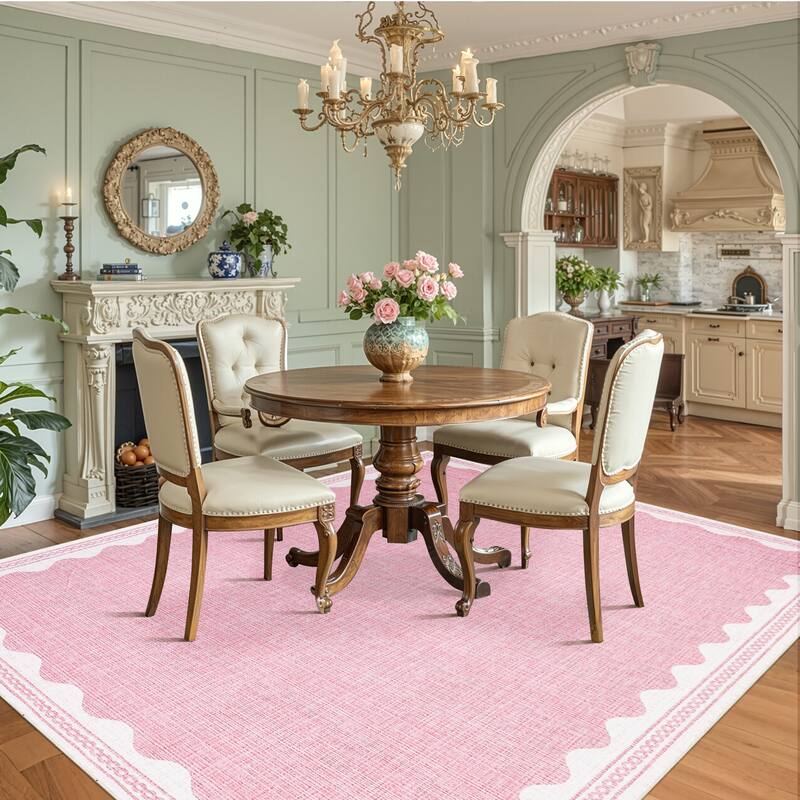 Scalloped Pattern Rugs for Living Room Bedroom Soft Non Slip Low Pile Throw Carpet Washable Foldable Area Rug