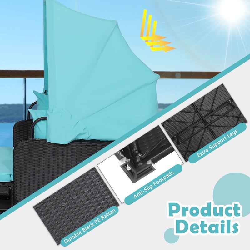 Costway Patio Rattan Daybed Lounge Retractable Top Canopy Side Tables - See Details