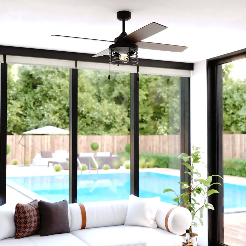 Rowan Matte Black Industrial 52-in. Ceiling Fan with LED Cage Light Kit - 52-in W x 17.5-in H x 52-in D