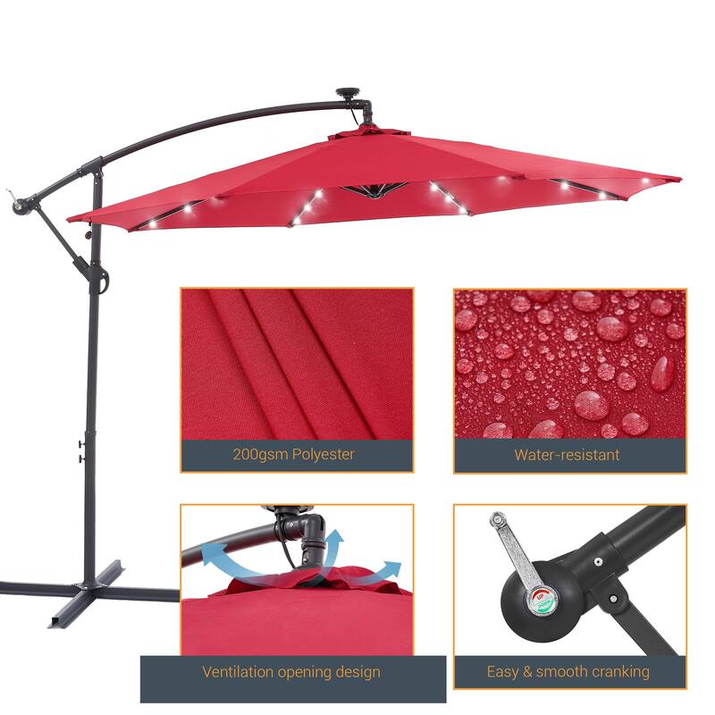 10Ft LED Patio Offset Umbrella Hanging Circle Umbrellas,w/Cross Base