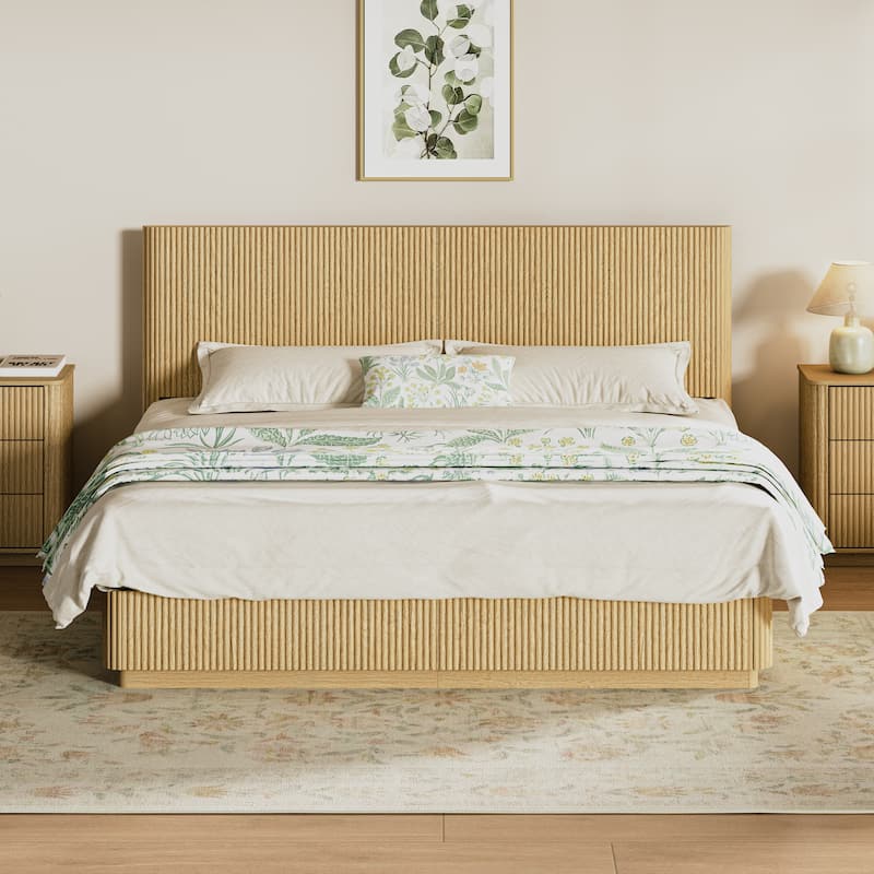 Low Profile Bed Frame with High Headboard, LED Light Strip Under Bed, Wooden Corrugated Curved Platform Bed, Metal Frame Support - Oak - King