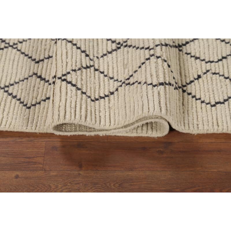 Ivory Trellis Moroccan Modern Runner Rug Handmade Wool Carpet - 2'5"x 12'7"