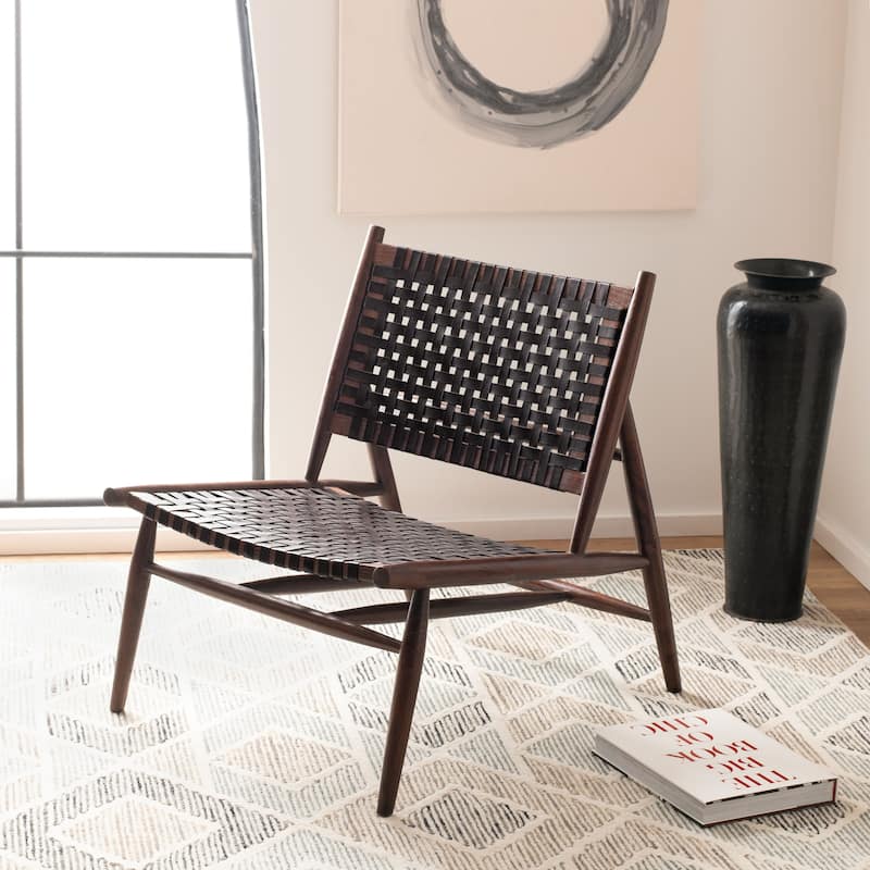 SAFAVIEH Soleil Squared Leather Woven Accent Chair - 26" W x 31.5" L x 30.7" H - Brown / Brown