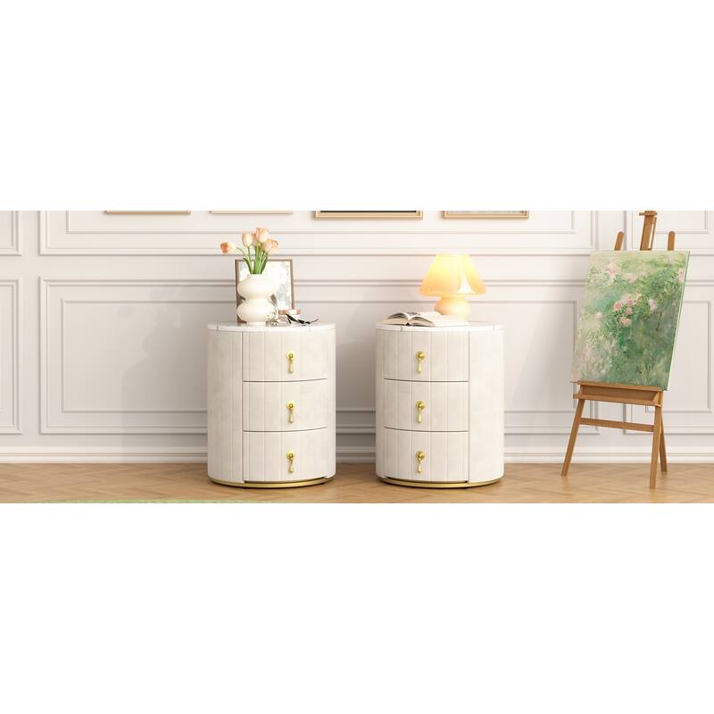 2 Set Upholstered Nightstand with 3 Drawers, Round Bedside Table with Metal Handles,Marbling Stickers Top Night Table