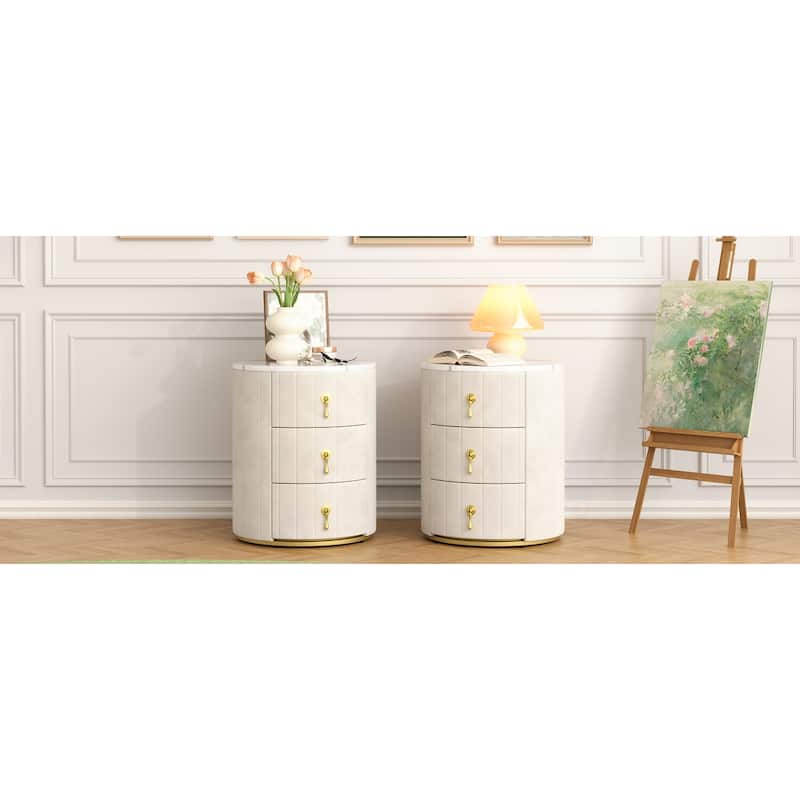 Roomfitters 2-Piece Upholstered Round Nightstands with 3 Drawers, Bedside Tables with Metal Handles and Marble-Pattern Top