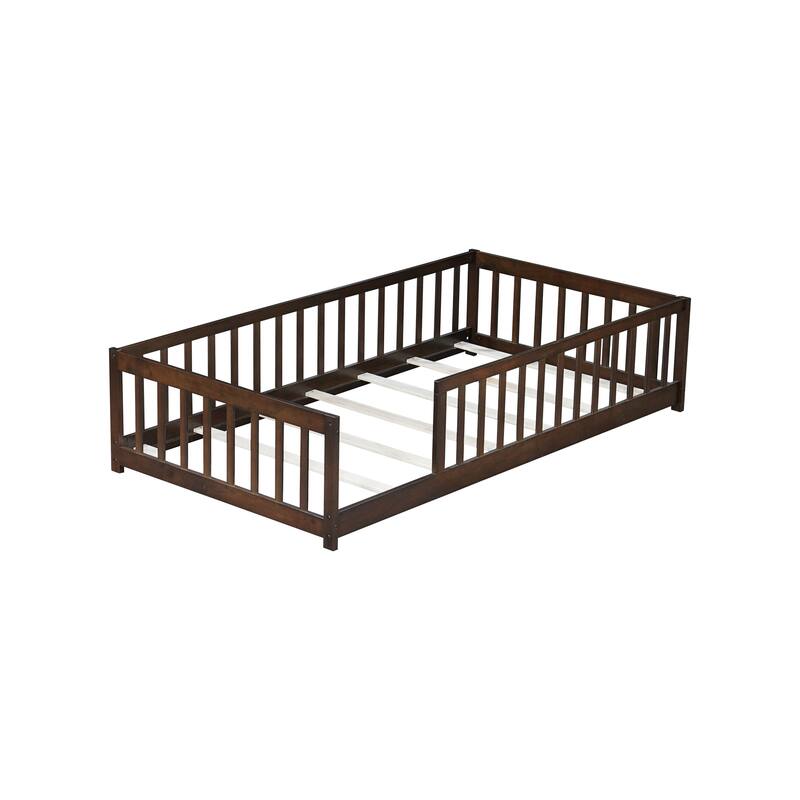Twin Size Floor Bed with Fence without Door, Rubber Wood Floor Bed with Safety Guardrails