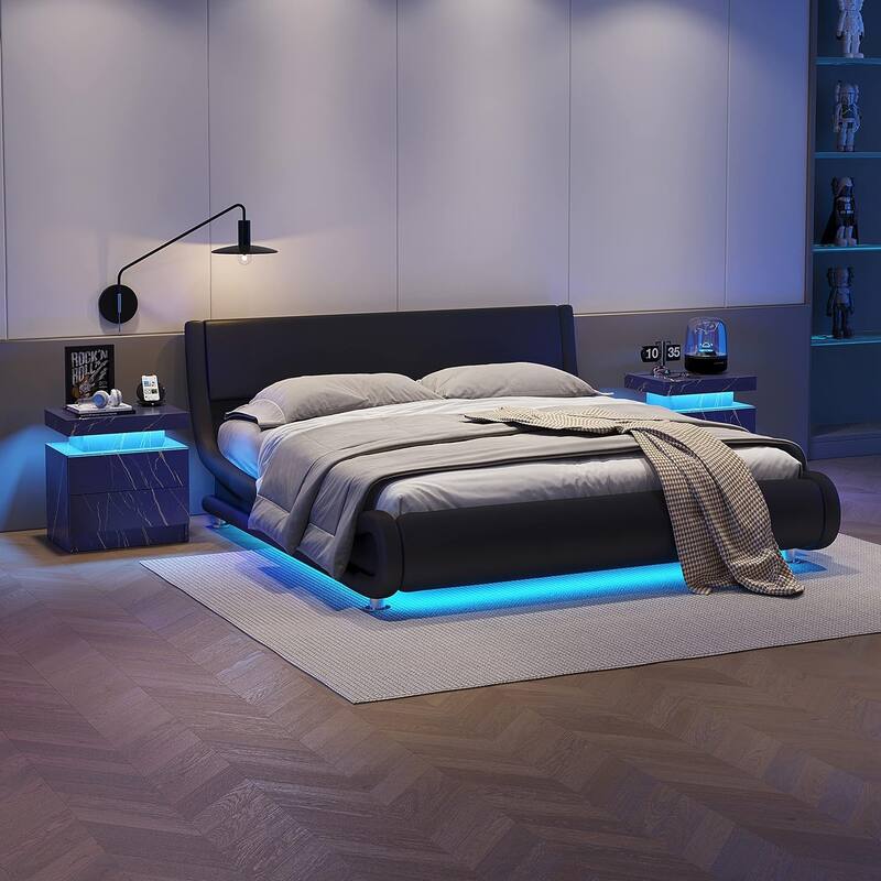 Modern Bedroom Wooden Nightstand/Bedside Table Cabinet with LED Lights and 2 Drawers