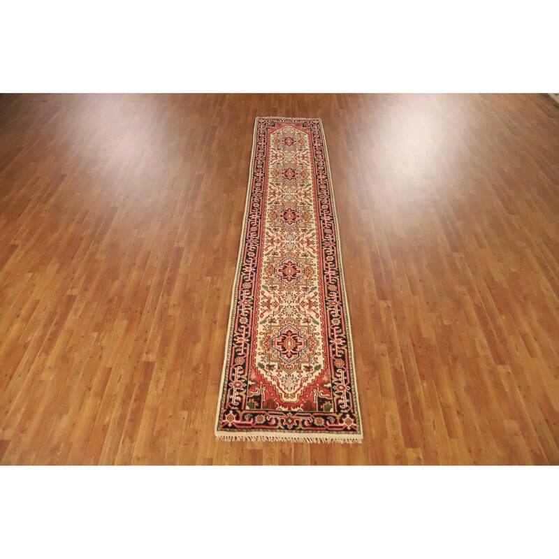 Geometric Traditional Heriz Serapi Runner Rug Hand-Knotted Wool Carpet - 2'7" x 11'10"