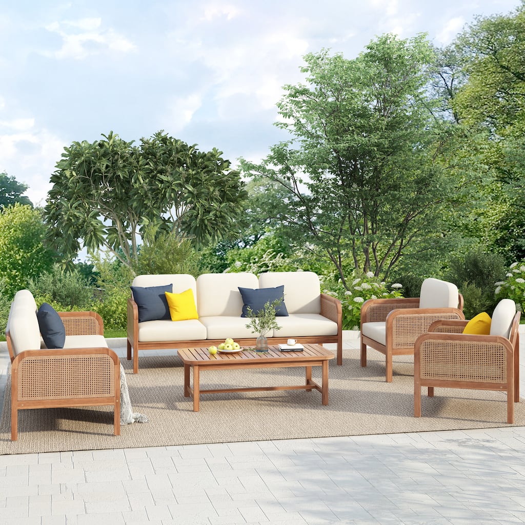 Teak Haven Outdoor Solid Wood Wicker 5-Piece Patio Conversation Set with Waterproof Cushions