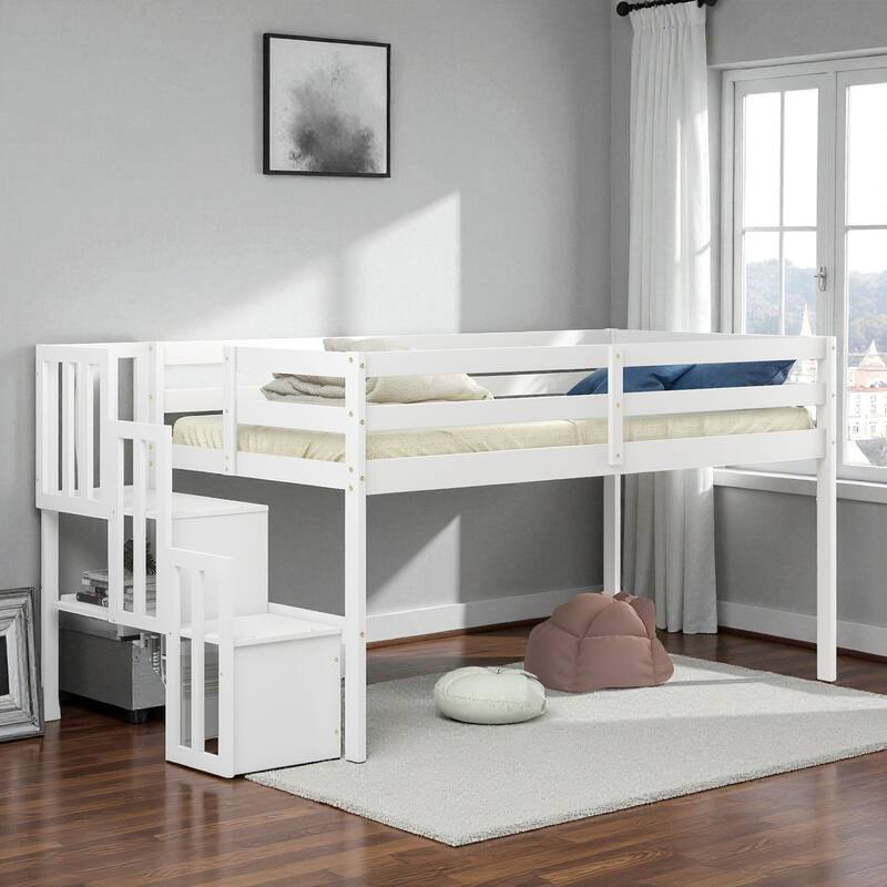 Twin Size Wooden Loft Bed with Staircase and Storage Steps, Solid Pine Frame with Guardrails
