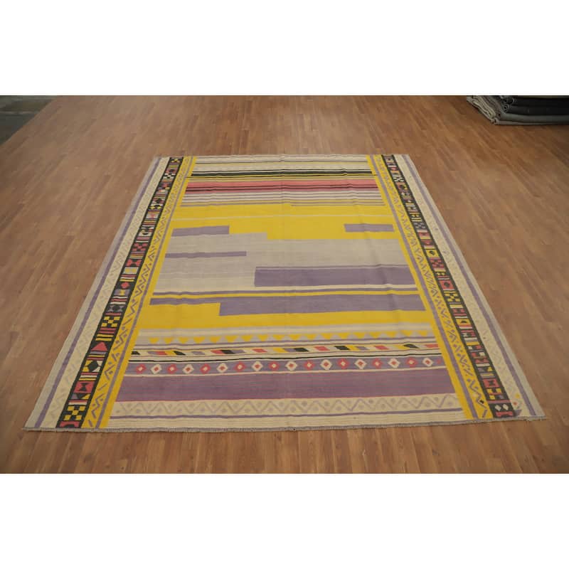 Hand Woven Oriental 100% Wool Carpet Southwestern Tribal Multi-Colored Kilim Area Rug - 9' 9'' X 8' 11''