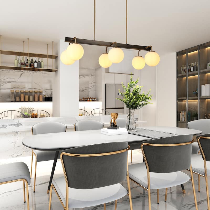 Aladari Modern Gold 6-Light Chandelier Opal Glass Rectangle Island Lights - Brushed Black Nickel - L 33.5"*W15"*H8.7"