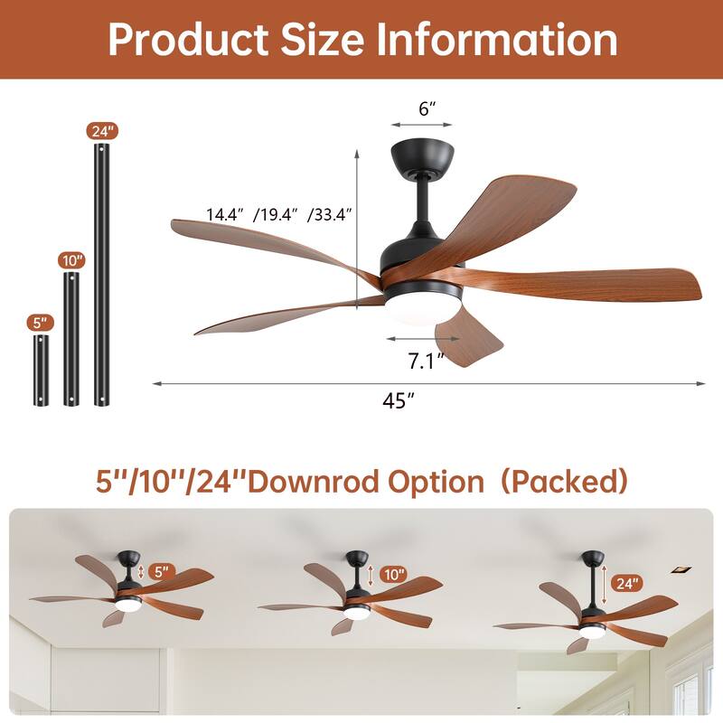 45 Inch Matte Smart Ceiling Fan with DC Motor Alexa APP Control Quiet Reversible Operation Dimmable Lighting and Timer