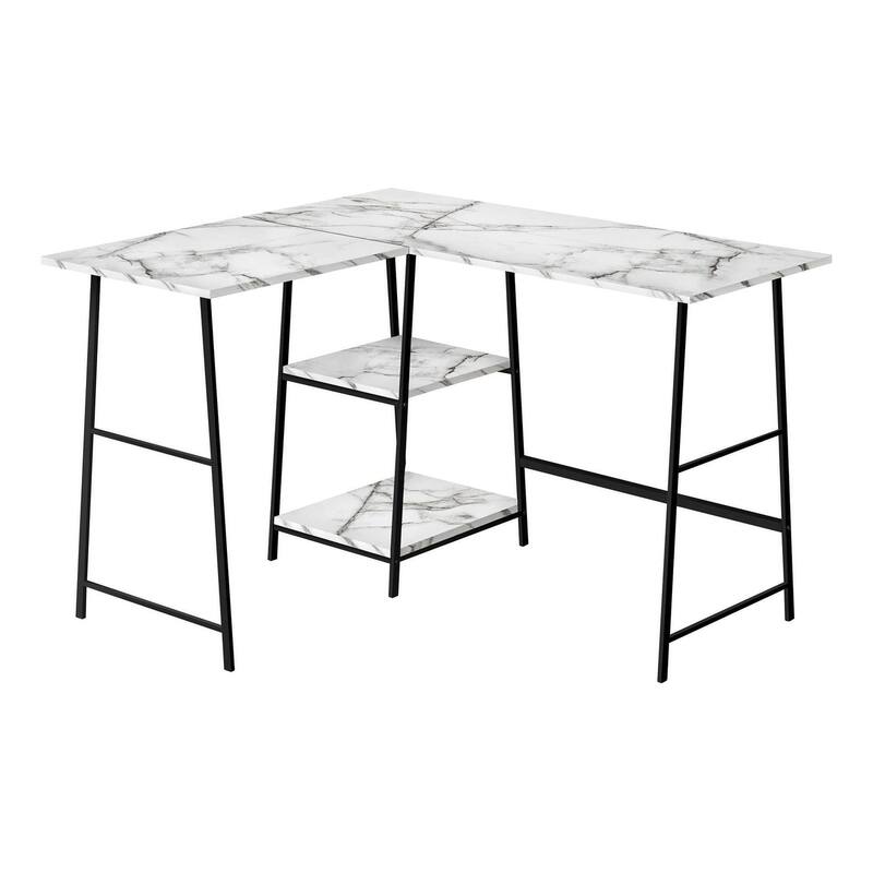 Computer Desk, Home Office, Corner, Storage Shelves, 48"l, L Shape, Work, Laptop, White Marble Look Laminate