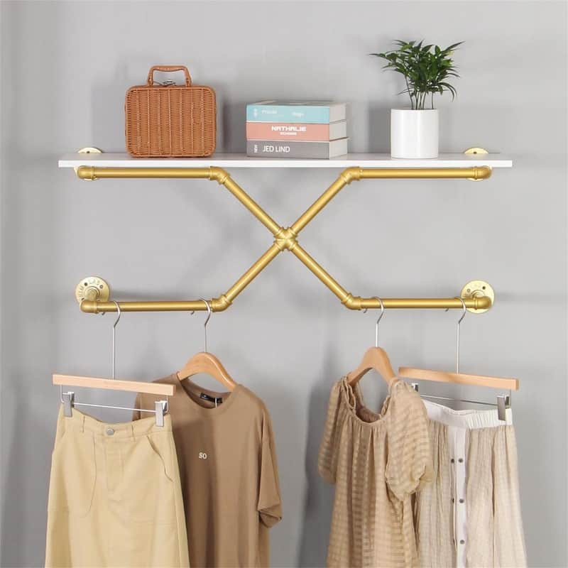 Industrial Pipe Clothing Rack Modern Simple Wall Mounted - 12.2"D x 43.3"W x 15.7"H