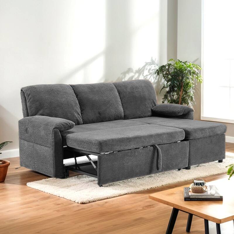 Modern L-Shaped Upholstered Velvet Sleeper Sectional Sofa bed with Chaise and Queen Pull Out Bed