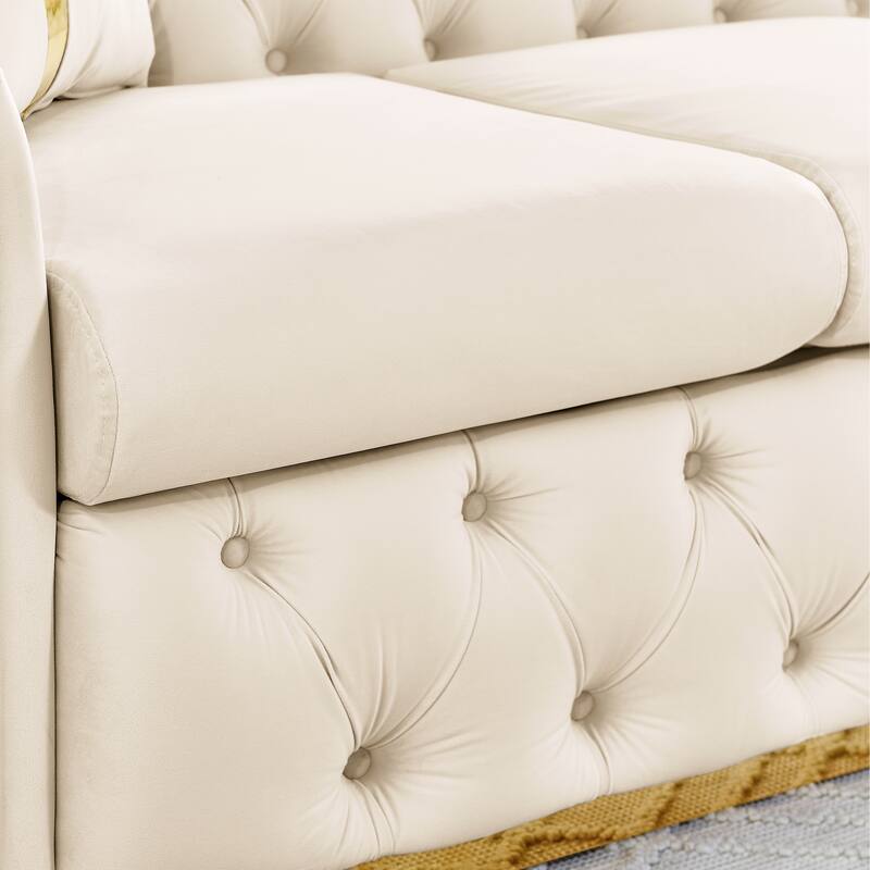 90.6" Velvet 3-Seater Sofa with 2 Pillows High-Density Cushions, Gold Accents, and Pillows