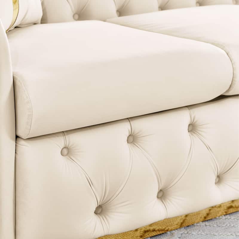 90.6 Inches 3 Seater Velvet Sofa with Gold Stainless Steel Accents and 2 Pillows, Beige