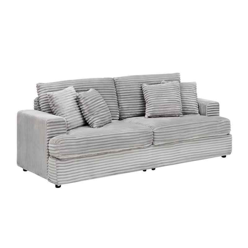 88.58 Inch Gray Corduroy 3-Seater Sofa with 4 Matching Throw Pillows, Modern Minimalist Design, Easy Assembly
