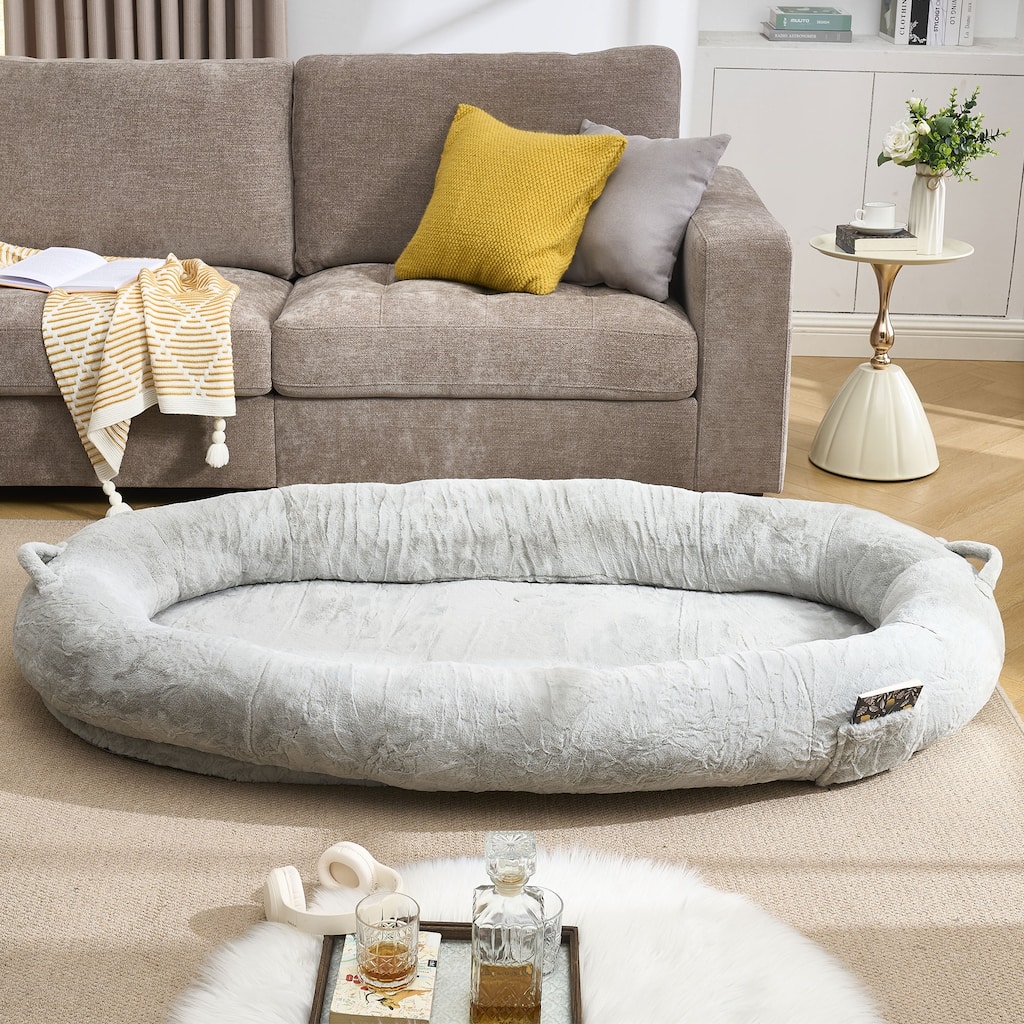 Giant Extra Large Memory Foam Human Size Pet Bed, with Plump Pillow, Blanket, Storage Pocket Cover Portable Handle