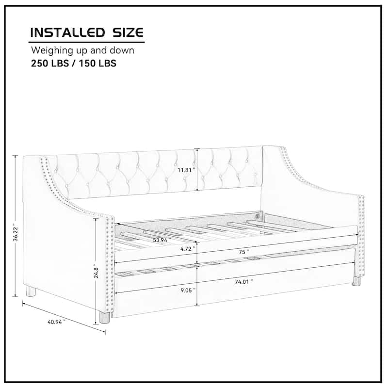 Light Gray Twin Size Modern Upholstered Tufted Daybed with Trundle