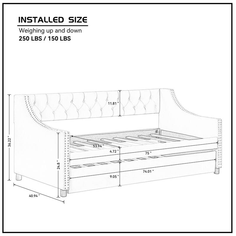 Upholstered Daybed with Trundle, Twin Size Frame Velvet - Light Gray
