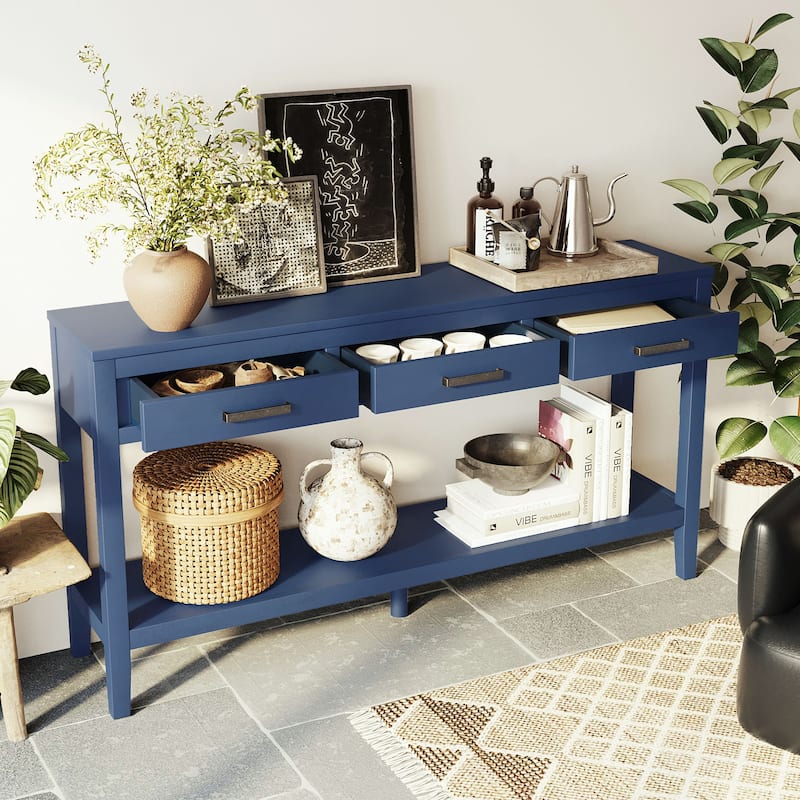 62.2'' Entryway Table, Minimalist Sofa Table with 3 Drawers, Painted Console Table with Bottom Shelf and Iron Handles - Navy Blue